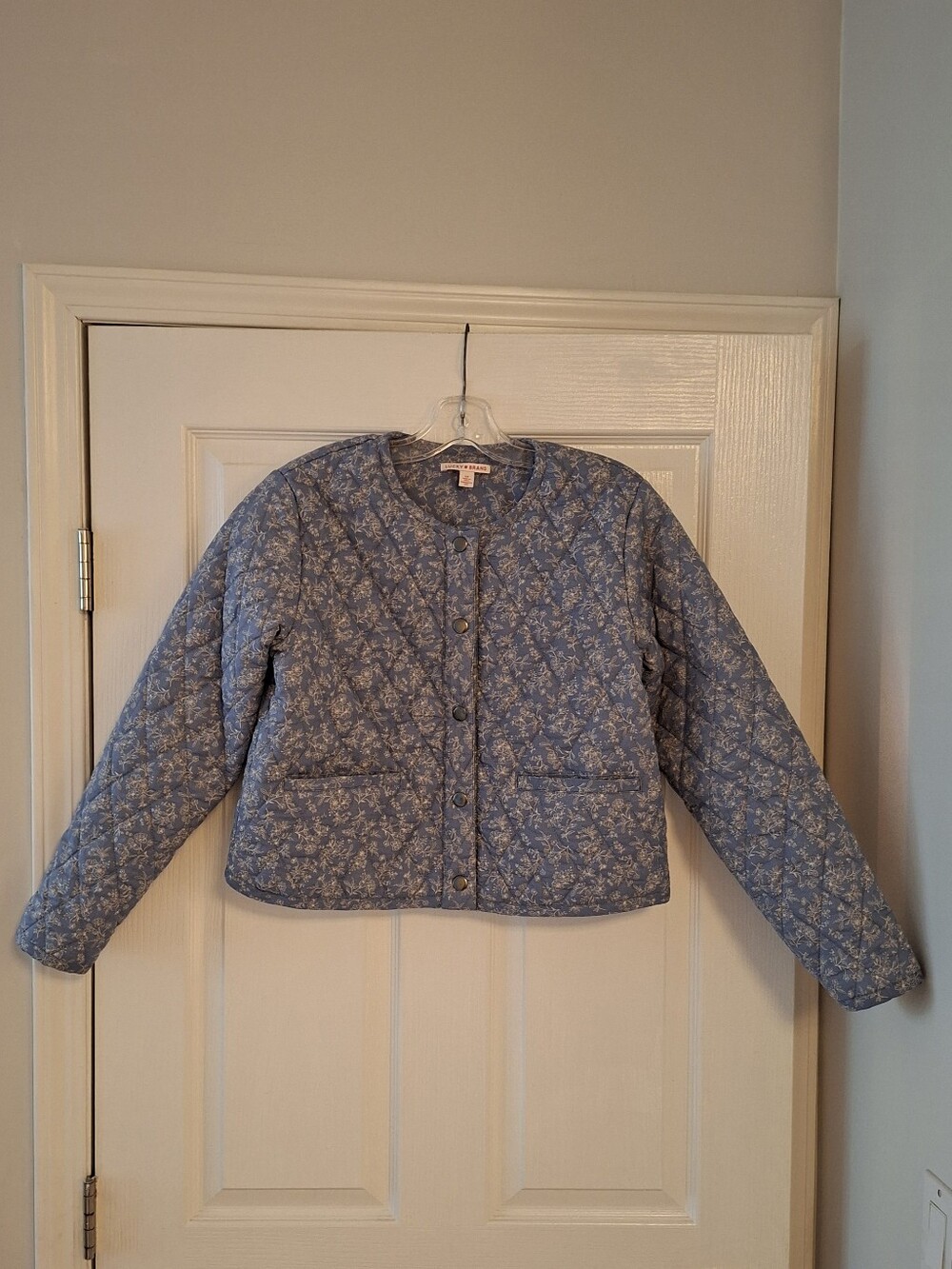 Lucky Brand Blue Quilted Floral Snap-Front Jacket, Size Small